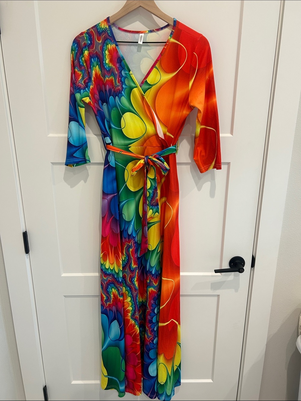 Rainbow Psychedelic Abstract Wrap Maxi Dress Size L WORN ONCE